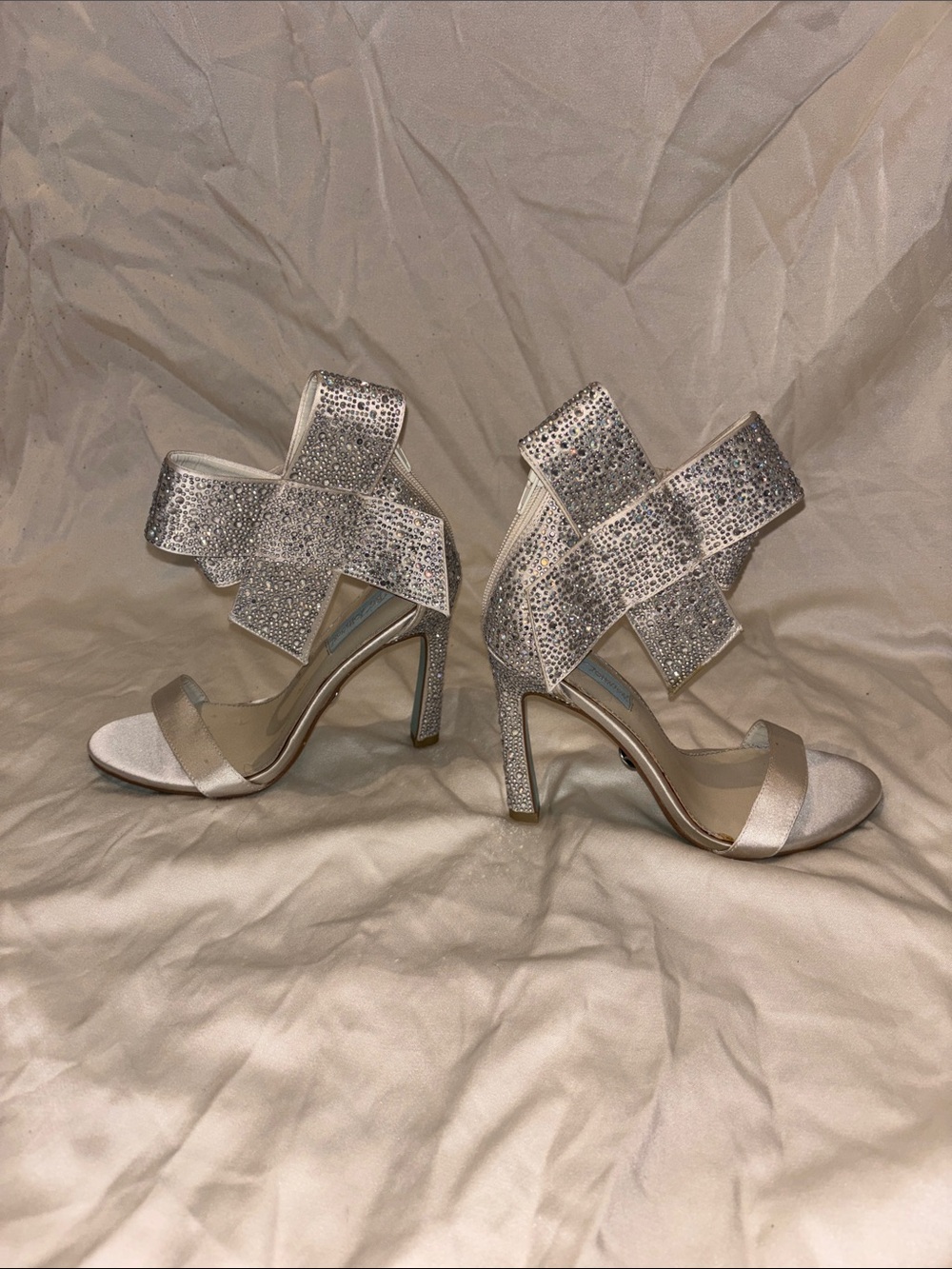 Betsey Johnson Silver Rhinestone Strappy High Heel Sandals